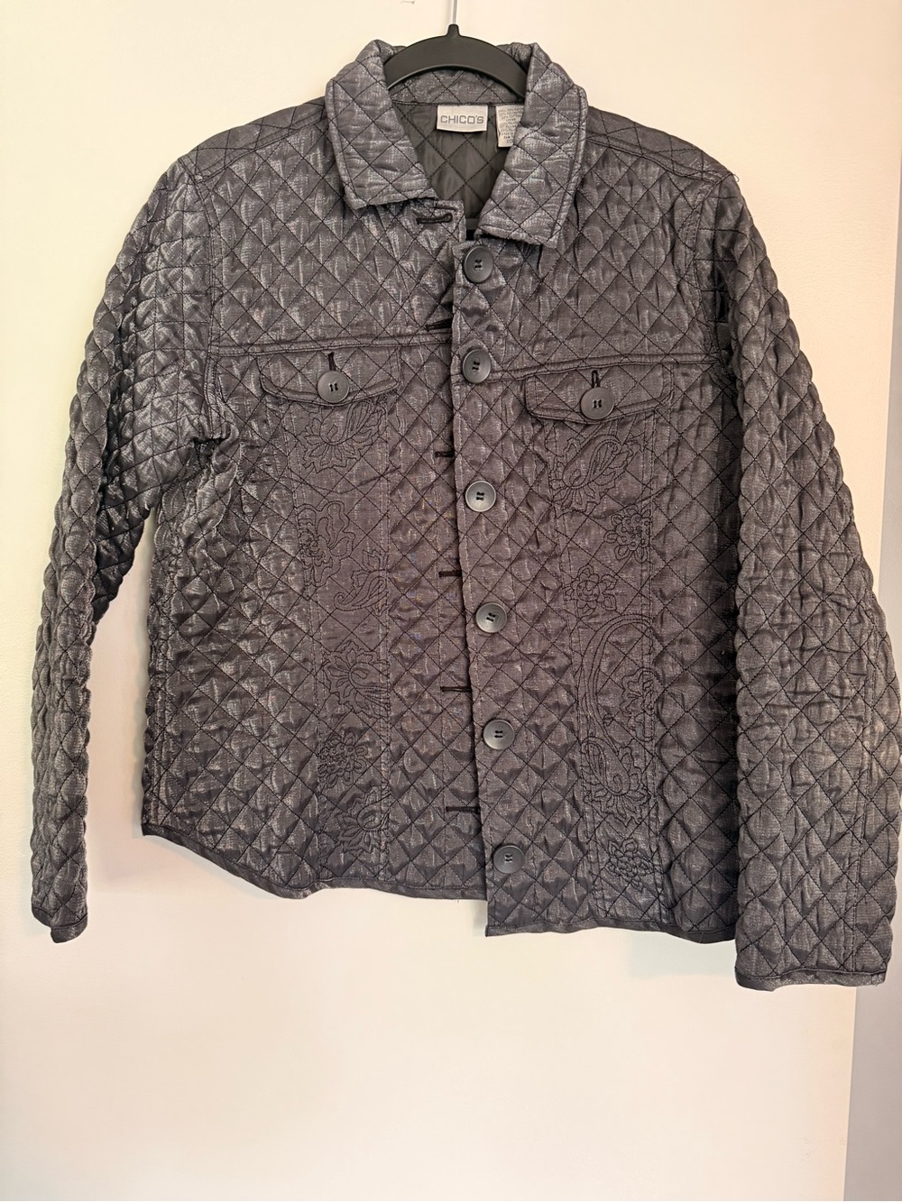 Chico's Quilted Charcoal Button-Front Jacket